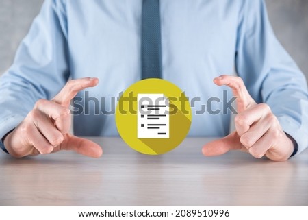 Businessman man holding a document icon in his hand Document Management Data System Business Internet Technology Concept. Corporate data management system DMS.flat icons with long shadows