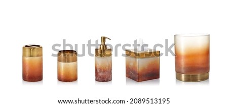 Set of accessories for bath and personal hygiene on white background, Beautiful hygiene set, Golden Bath Accessories Royalty-Free Stock Photo #2089513195