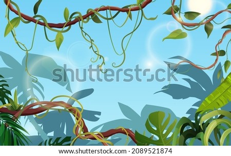 Liana or vine winding branches with tropic leaves background. Cartoon vector illustration. Jungle tropical climbing plants. Royalty-Free Stock Photo #2089521874