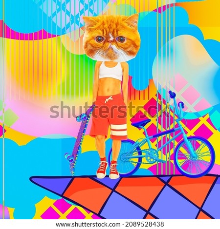 Contemporary art collage. Funny trendy zine design. Stylish skateboarders kitty in colorfull geometric space. Youth urban culture concept