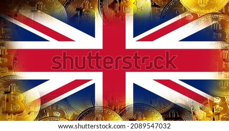 Hold the physical version of Bitcoin and the British flag. Conceptual diagram of British cryptocurrency and blockchain technology. Double exposure creative bitcoin symbol hologram.