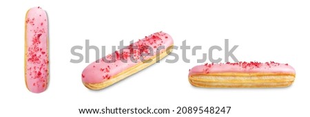 Pink strawberry eclair on a white isolated background. toning. selective focus Royalty-Free Stock Photo #2089548247