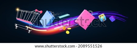 Shopping concept. Marketing design template with shopping trolley cart, gift bags and boxes, card and money Royalty-Free Stock Photo #2089551526