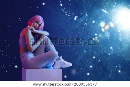 Woman in modern VR glasses interacting with network while having virtual reality experience. Augmented reality game, future technology, AI concept. VR. Galaxy background.