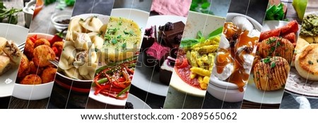 Collage of many popular all over the world breakfasts, lunches and snacks. Collage of different assortment of food. Royalty-Free Stock Photo #2089565062
