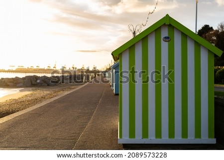 Beach huts in Felixstowe, Suffolk, England Royalty-Free Stock Photo #2089573228