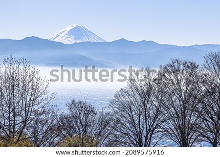 Morning mist and Mt. Fuji seen from Fuefukigawa Fruit Park