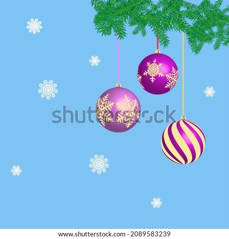 Christmas background with festive balls and snowflakes on a blue background. Spruce branches with balls hanging on chains. The illustration used a clipping mask.
