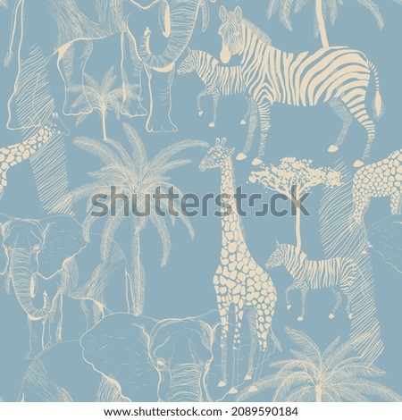 African animals seamless vector pattern. Surface design for fabric, wallpaper, wrapping paper, invitation cards, scrapbooking. Monochrome light blue, cream color.