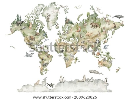 Watercolor world map with animals and natural elements. Geographical map. Hand-painted earth isolated on white. Nursery print