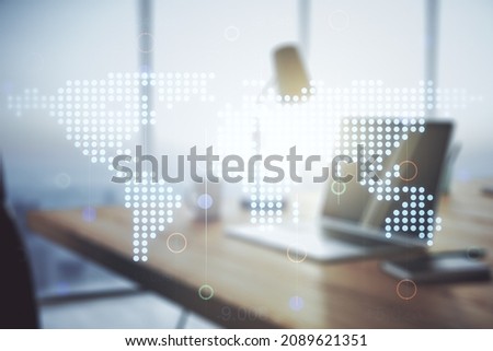 Multi exposure of abstract graphic world map on modern computer background, big data and networking concept