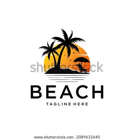 Beach silhouette logo with sun, chair, umbrella and palm vector design template