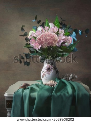 Still life with beautiful bouquet of pink flowers