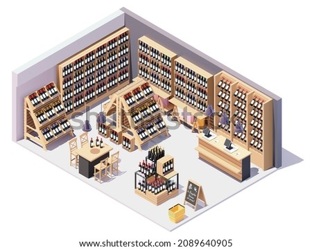 Vector isometric supermarket or grocery store wine department interior with furniture and equipment. Wine bottles on displays, shelves and gondolas, checkout counter with cash registers, baskets Royalty-Free Stock Photo #2089640905