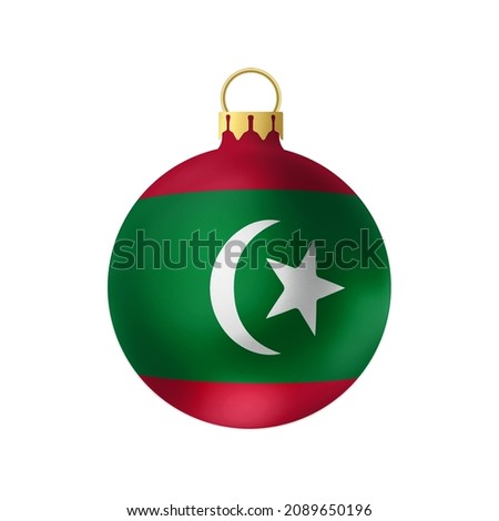 National Christmas ball. Fur- tree classic round toy on white background. Maldive