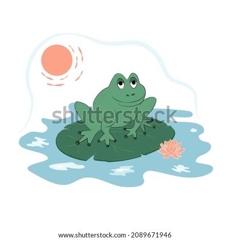 Cute Frog. Tadpole, froglet, frog, plants, water lily leaf and flower. Frog's life cartoon hand drawn clip art. Flat vector illustration.