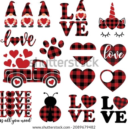 Set of Valentine's day vector elements isolated on white background: red buffalo plaid Valentine gnomes holding hearts, unicorn face, old vintage truck. Love clipart