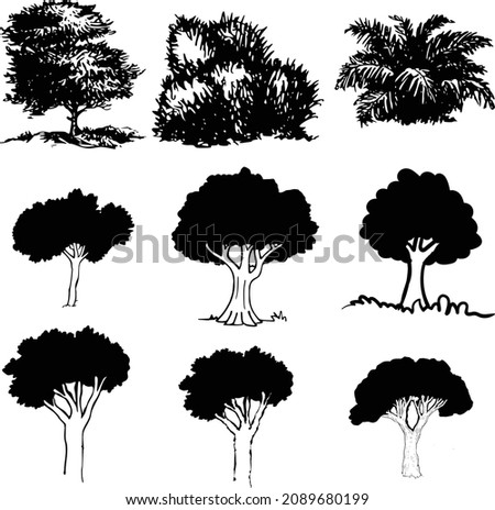forest tree sketch set, hand drawn graphic forest, isolated vector illustration, black and white silhouette elements 

