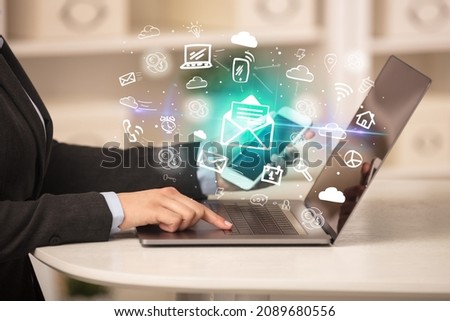 Businessman working on laptop with new business concept