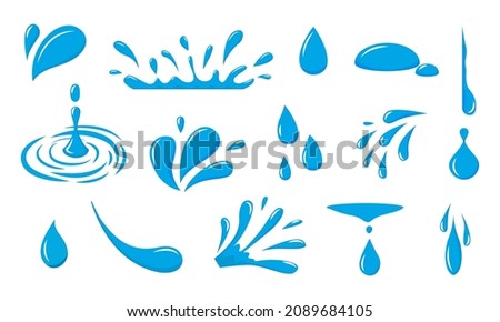 Water drop icon. Blue raindrop and droplet logo. Graphic drip and oil splash. Liquid falling dew and fluid splatter. Pure fresh drink. Clean aqua elements. Vector dripping blobs set