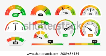 Score meter. Speedometer gauge indicator. Energy efficiency and consumer satisfaction rate measure UI. Indication lines. Dial with arrows and scale. Vector effectiveness graphs set Royalty-Free Stock Photo #2089686184