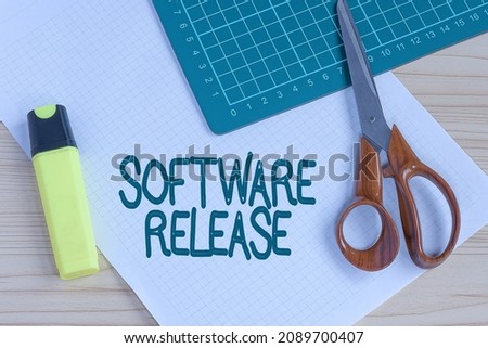 Writing displaying text Software Release. Business showcase sum of stages of development and maturity for program Multiple Assorted Collection Office Stationery Photo Placed Over Table