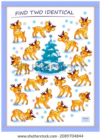 Logic puzzle game for children and adults. Find two identical deer. Memory exercises for seniors. Page for kids brain teaser book. Developing spatial thinking. IQ test. Play online. Vector image.