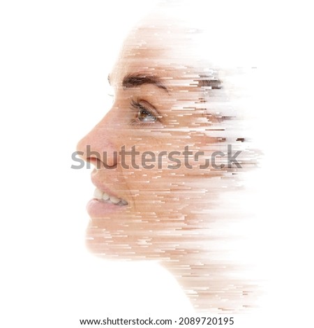 A profile portrait of a European woman combined with a pixelsort effect. Double exposure.