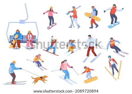 People riding skis and snowboards. Cartoon skiers family snowboarders, winter sport mountain resort downhill freeride on chairlift snow slope, travel activity vector. Illustration of snowboard sport Royalty-Free Stock Photo #2089720894