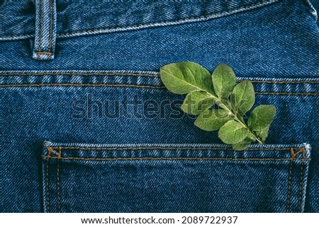 Sustainable fashion, Circular economy, denim eco friendly clothing. Green leaf plant on blue denim jeans background Royalty-Free Stock Photo #2089722937