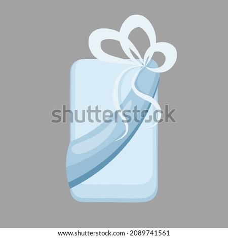 Blue gift, gift box in blue paper with blue ribbon, light blue bow, vector cartoon illustration.