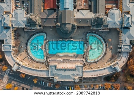 Aerial view of Szechenyi outdoor thermal baths during the morning light in Budapest, Hungary Royalty-Free Stock Photo #2089742818