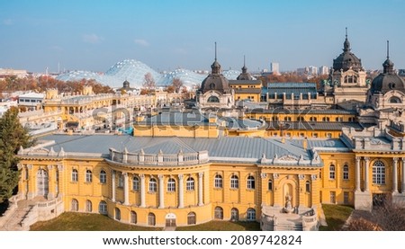 Aerial view of Szechenyi outdoor thermal baths during the morning light in Budapest, Hungary Royalty-Free Stock Photo #2089742824