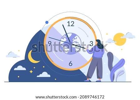 Circadian rhythm concept with tiny woman. Human biological clock to regulate sleep wake and day night cycle. Routine, morning to evening changes, planet movement around sun. Body natural daily rhythms Royalty-Free Stock Photo #2089746172