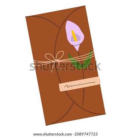 Flat vector cartoon illustration of a personalized envelope with a flower and a bow. Isolated design on a white background.