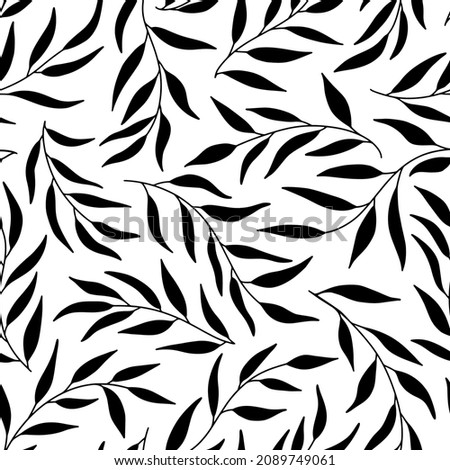 Silhouettes of leaves olive seamless pattern. Vector hand drawn illustration in simple scandinavian doodle cartoon style. Isolated black branches on a white background Royalty-Free Stock Photo #2089749061
