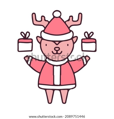 Cute reindeer in Santa Claus outfit holding gift. Christmas illustration. Vector graphics for t-shirt prints and other uses.