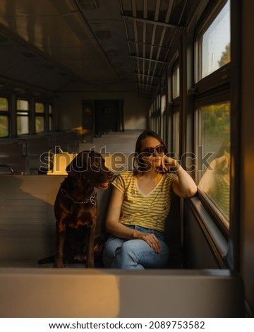 a European woman in sunglasses and a Labrador retriever dog in an empty train car are driving and looking out the window. traveling with a dog on public transport in the city or to nature. a romantic