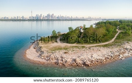 An aerial view of Lighthouse Point looking back toward the Toronto skyline