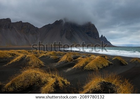 Vestrahorn mountain and black sand beach in stokksnes peninsula Iceland Royalty-Free Stock Photo #2089780132