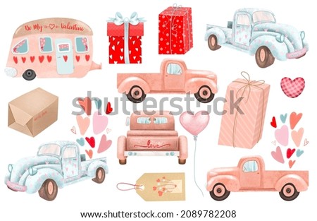 Set of Valentine's Day trucks and gift boxes, Valentine's Day clipart, isolated illustration on white background