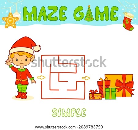 Christmas Maze puzzle game for children. Simple Maze or labyrinth game with Christmas boy elf.