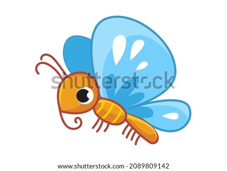 Cute happy cartoon butterfly with blue wings. Baby moth flies and smiles. Small insect in motion. Cheerful insect. Colored flat vector illustration of a cute pet isolated on white background.