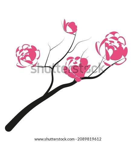 Blooming branch, black sketch with bright abstract pink flowers. Spring illustration in Asian style.