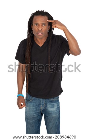 Handsome man with dreadlocks doing different expressions in different sets of clothes: you are crazy