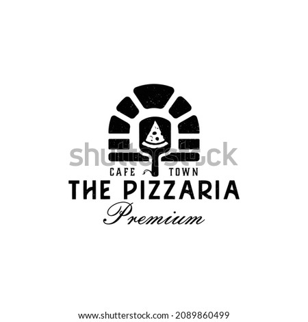 Pizza logo with pizza shovel and oven with flame on white background