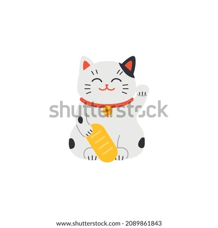 Lucky cat oriental traditional luck charm, flat vector illustration isolated on white background. Japanese and Chinese lucky cat fortune and prosperity talisman.