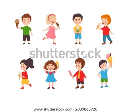 Kids with ice cream in flat vector illustration isolated on white background. Set of cartoon cute boy, girl characters hold sweet cold desserts, enjoying tasty food
