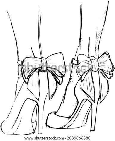 Illustration of women's shoes with black bows on a stiletto, sketch Royalty-Free Stock Photo #2089866580