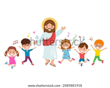 Jesus Christ and children sing songs and rejoice. Sunday school for kids. vector illustration isolated on white background